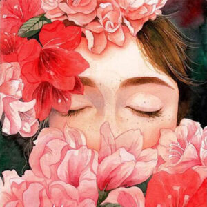 Diamond Painting - Meisje tussen roze bloemen voorbeeldafbeelding van het volledige ontwerp