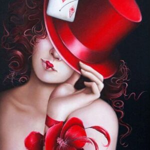 Diamond Painting Vrouw Met Hoed Rood voorbeeldafbeelding van het volledige ontwerp