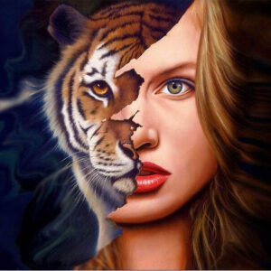 Diamond Painting Vrouw Tijger Gezicht voorbeeldafbeelding van het volledige ontwerp