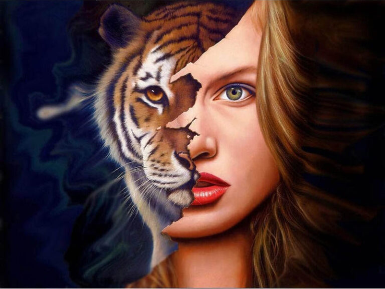 Diamond Painting Vrouw Tijger Gezicht voorbeeldafbeelding van het volledige ontwerp