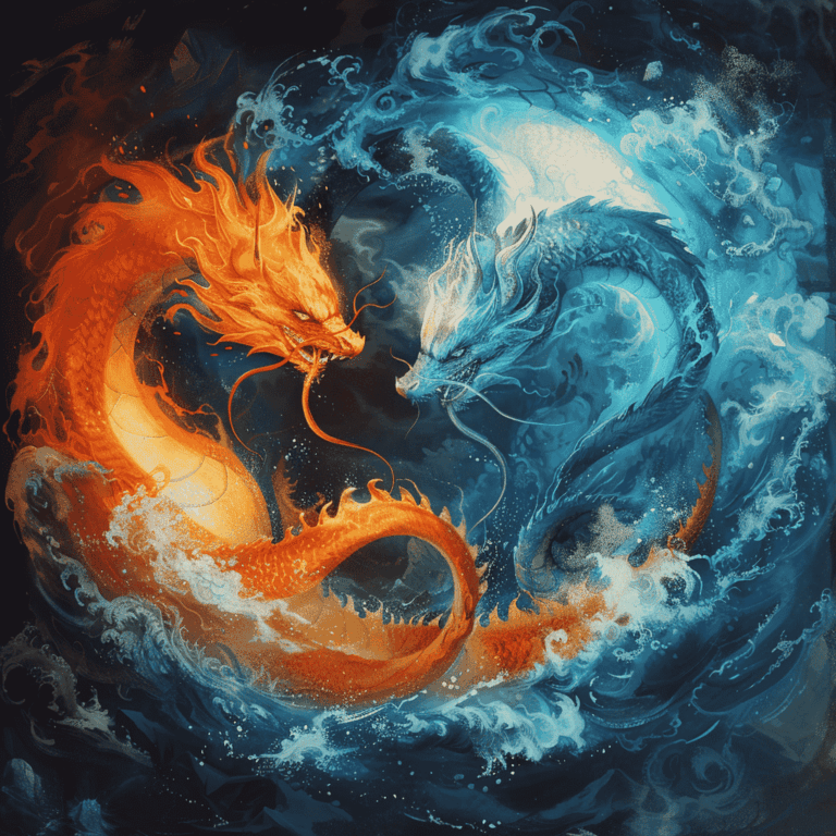 Diamond Painting Vuur en water draak voorbeeldafbeelding van het volledige ontwerp