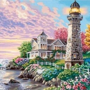 Diamond Painting - Vuurtoren bij bloemenhuis voorbeeldafbeelding van het volledige ontwerp