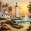Diamond Painting - Vuurtoren in tropische baai voorbeeldafbeelding van het volledige ontwerp
