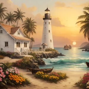Diamond Painting - Vuurtoren in tropische baai voorbeeldafbeelding van het volledige ontwerp