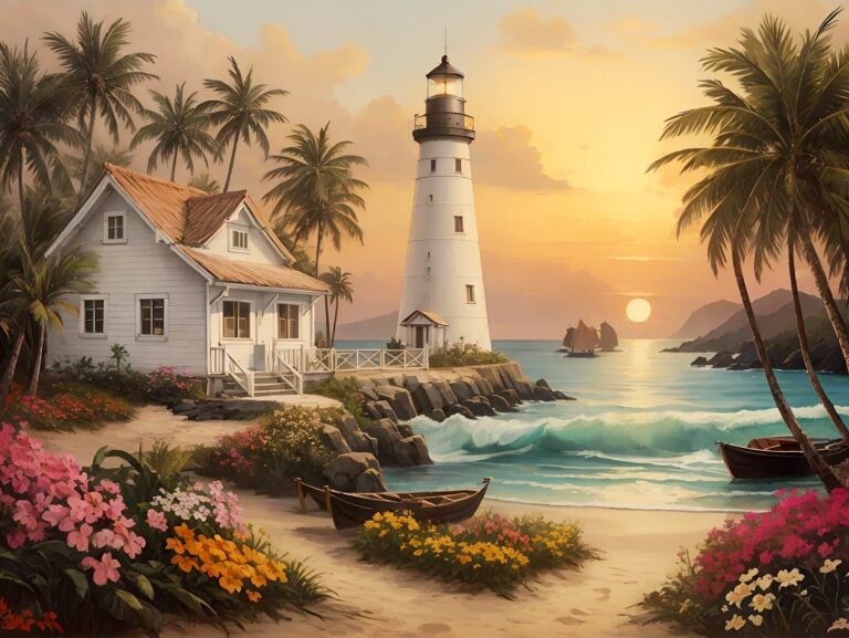 Diamond Painting - Vuurtoren in tropische baai voorbeeldafbeelding van het volledige ontwerp