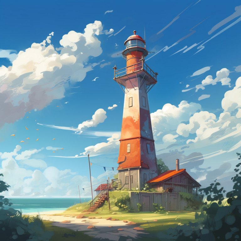 Diamond Painting - Rood-witte vuurtoren aan zee voorbeeldafbeelding van het volledige ontwerp