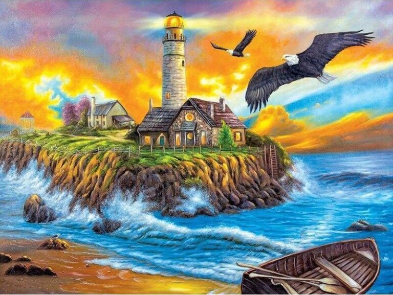 Diamond Painting Vuurtoren Zee voorbeeldafbeelding van het volledige ontwerp