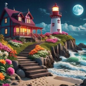 Diamond Painting Vuurtoren bij volle maan voorbeeldafbeelding van het volledige ontwerp