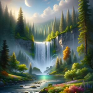 Diamond Painting - Maan boven bergwaterval voorbeeldafbeelding van het volledige ontwerp