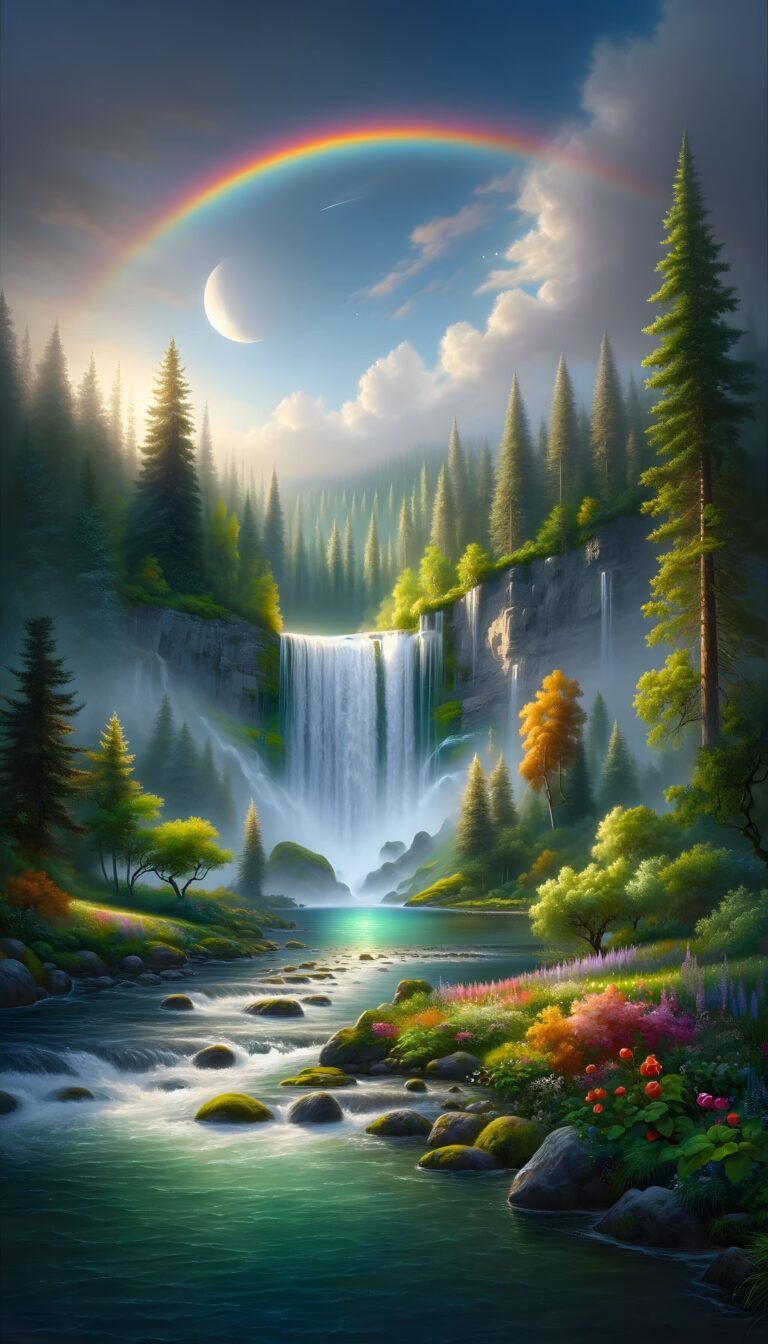 Diamond Painting - Maan boven bergwaterval voorbeeldafbeelding van het volledige ontwerp