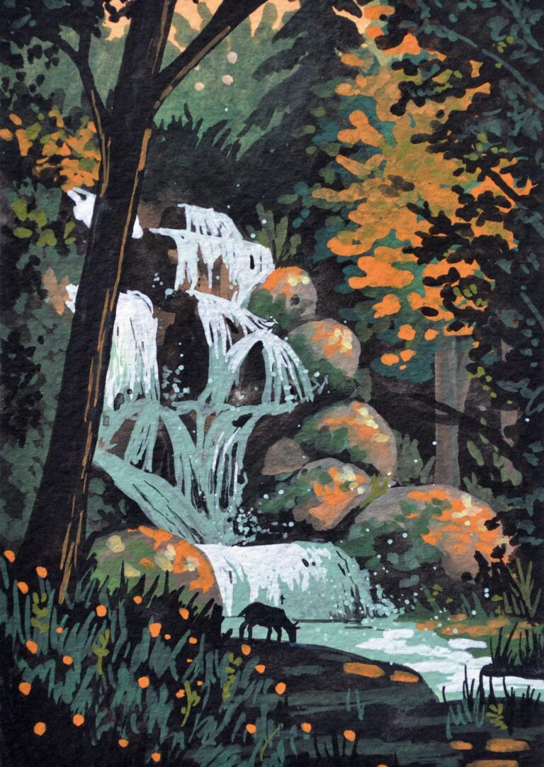 Diamond Painting Waterval In Jungle Bij Zonsondergang voorbeeldafbeelding van het volledige ontwerp