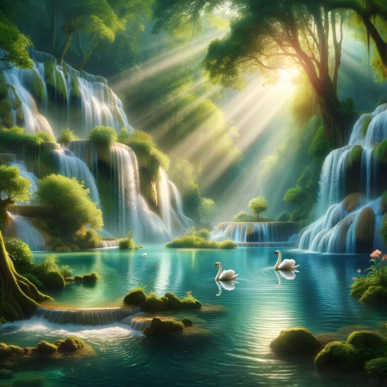 Diamond Painting Waterval Met Zwanen voorbeeldafbeelding van het volledige ontwerp
