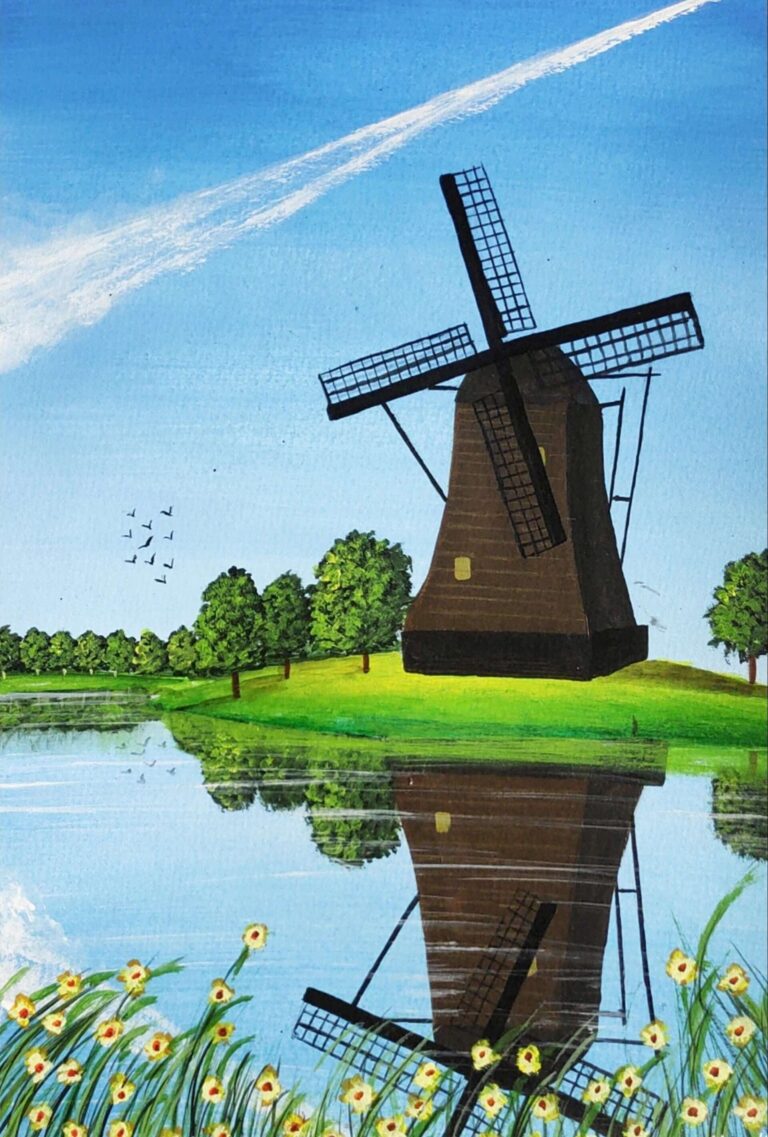 Diamond Painting Windmolen Reflectie voorbeeldafbeelding van het volledige ontwerp