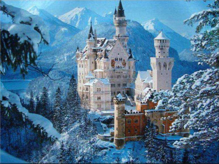Diamond Painting Winter Kasteel voorbeeldafbeelding van het volledige ontwerp