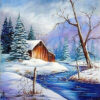 Diamond Painting - Besneeuwd huis aan de rivier voorbeeldafbeelding van het volledige ontwerp