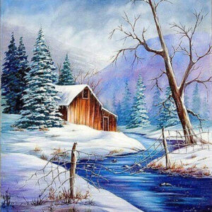 Diamond Painting - Besneeuwd huis aan de rivier voorbeeldafbeelding van het volledige ontwerp