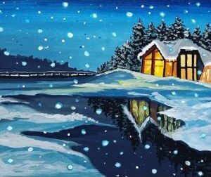Diamond Painting Wintermeer Sneeuwval voorbeeldafbeelding van het volledige ontwerp