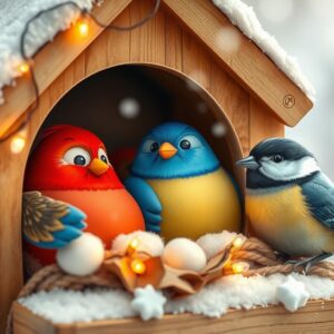 Diamond Painting Winterse Vogels in een Warm Nest voorbeeldafbeelding van het volledige ontwerp