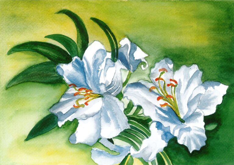 Diamond Painting Witte Bloemen En Groene Bladeren voorbeeldafbeelding van het volledige ontwerp