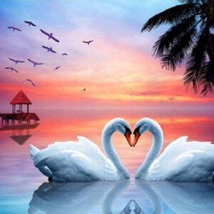 Diamond Painting Witte Liefdes Zwanen voorbeeldafbeelding van het volledige ontwerp