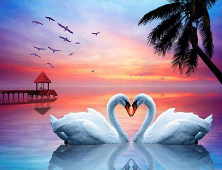 Diamond Painting Witte Liefdes Zwanen voorbeeldafbeelding van het volledige ontwerp
