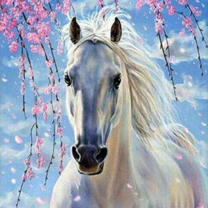 Diamond Painting Witte Merrie Met Bloesem voorbeeldafbeelding van het volledige ontwerp