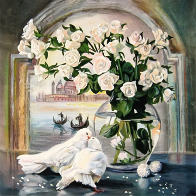 Diamond Painting Witte Roos - Duiven voorbeeldafbeelding van het volledige ontwerp