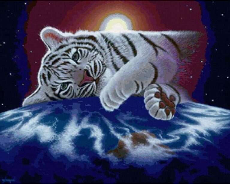 Diamond Painting Witte Tijger Welp voorbeeldafbeelding van het volledige ontwerp