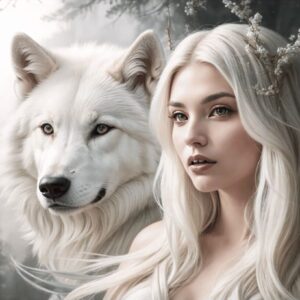 Diamond Painting Witte Wolf Met Blond Meisje voorbeeldafbeelding van het volledige ontwerp