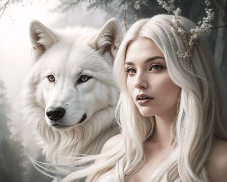 Diamond Painting Witte Wolf Met Blond Meisje voorbeeldafbeelding van het volledige ontwerp