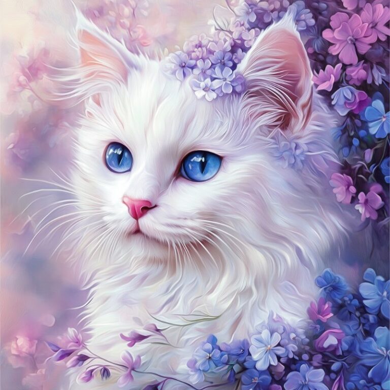 Diamond Painting Witte kat met bloemen voorbeeldafbeelding van het volledige ontwerp