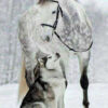 Diamond Painting Wolf En Paard In de Sneeuw voorbeeldafbeelding van het volledige ontwerp