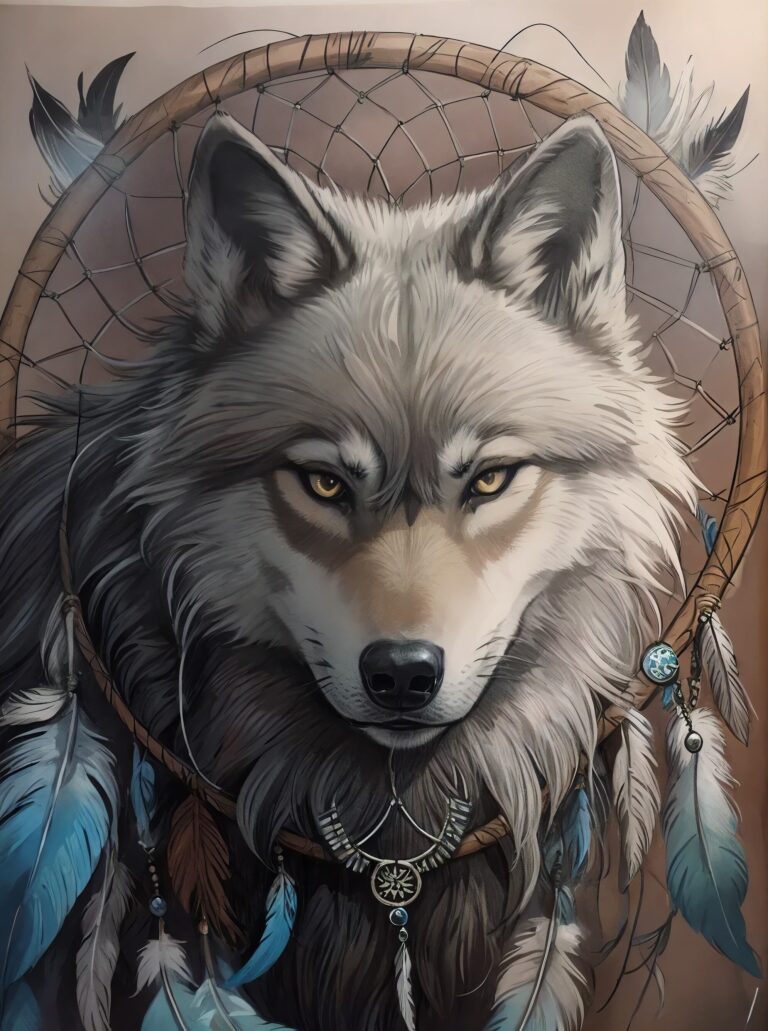 Diamond Painting Wolf Met Dromenvanger voorbeeldafbeelding van het volledige ontwerp