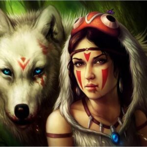 Diamond Painting Wolf Vrouw Speer voorbeeldafbeelding van het volledige ontwerp