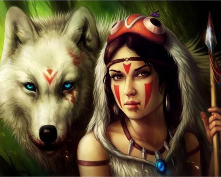Diamond Painting Wolf Vrouw Speer voorbeeldafbeelding van het volledige ontwerp