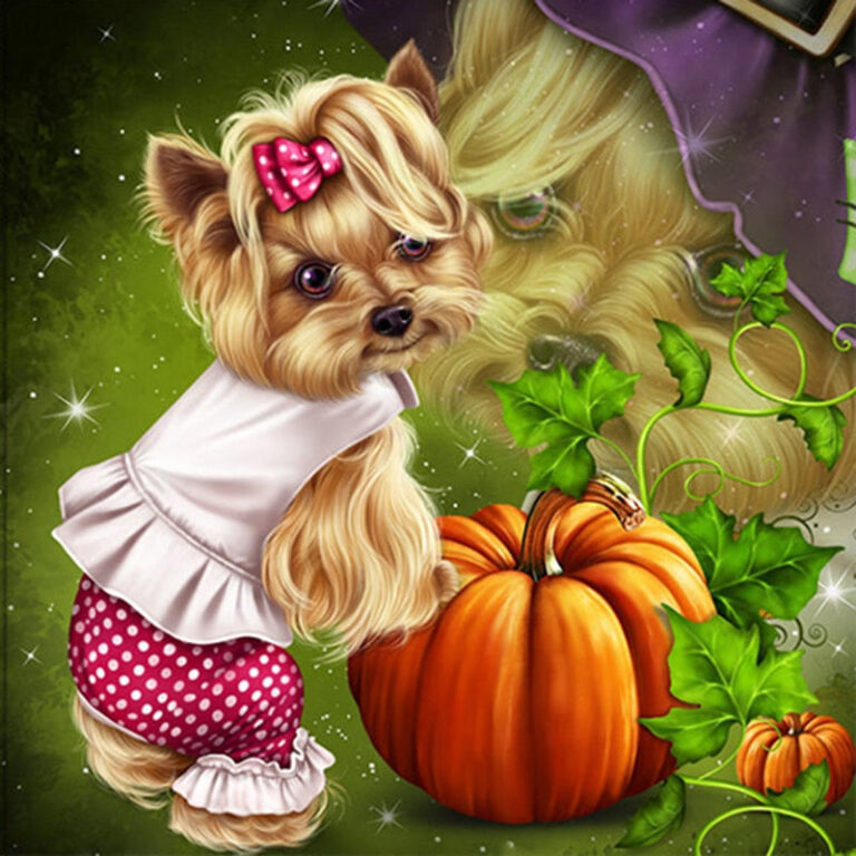 Diamond Painting Yorkshire Terriër Halloween voorbeeldafbeelding van het volledige ontwerp