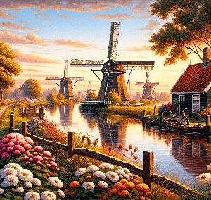 Diamond Painting Zaanse Schans Nederland Molens voorbeeldafbeelding van het volledige ontwerp
