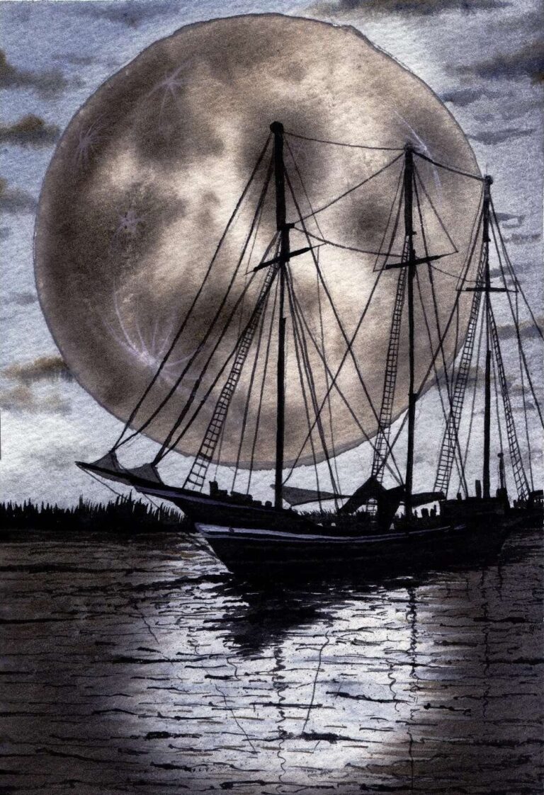 Diamond Painting Zeilboot In Volle Maan voorbeeldafbeelding van het volledige ontwerp