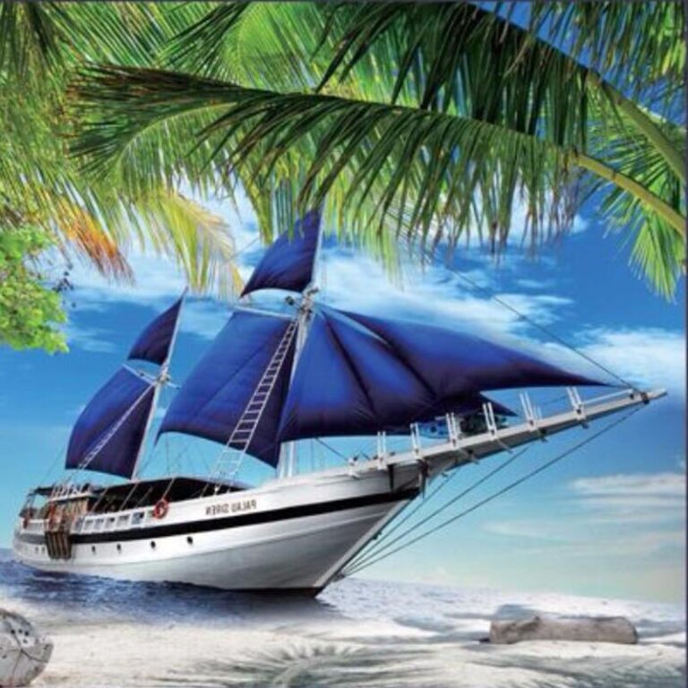 Diamond Painting Zeilschip Strand voorbeeldafbeelding van het volledige ontwerp