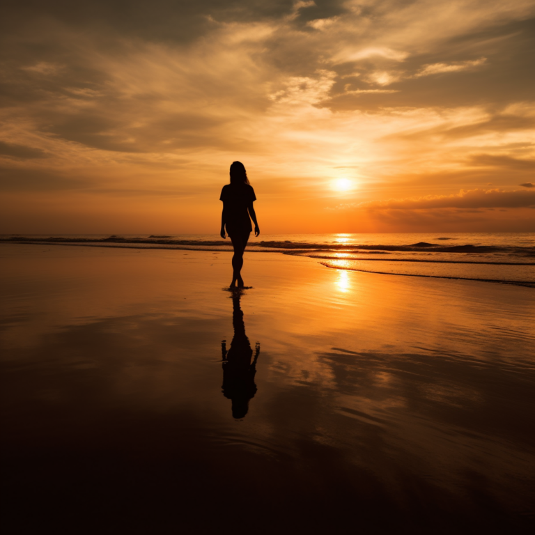 Diamond Painting - Vrouwensilhouet bij zonsondergang op strand voorbeeldafbeelding van het volledige ontwerp