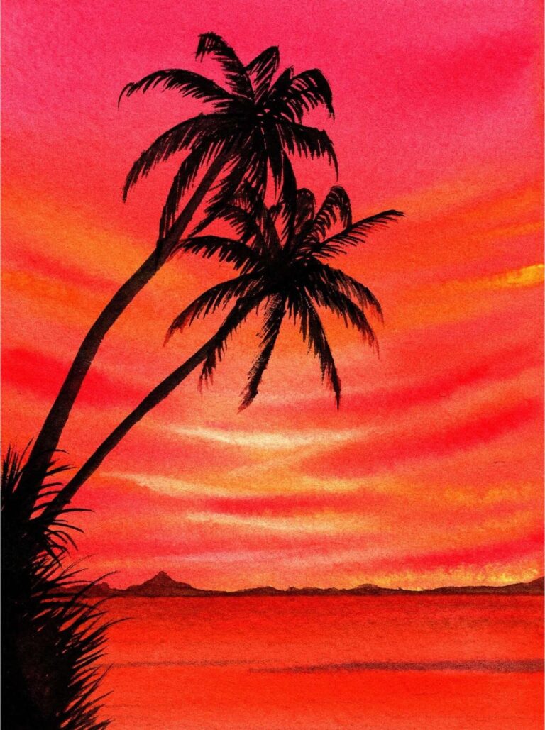 Diamond Painting Zonsondergang Achter Palmbomen voorbeeldafbeelding van het volledige ontwerp