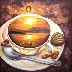 Diamond Painting Zonsondergang In Koffie Kopje voorbeeldafbeelding van het volledige ontwerp