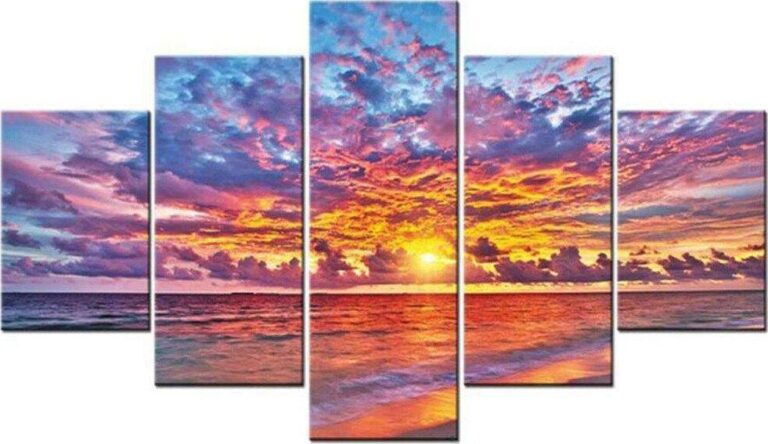 Diamond Painting Zonsondergang In de Zee Vijfluik voorbeeldafbeelding van het volledige ontwerp