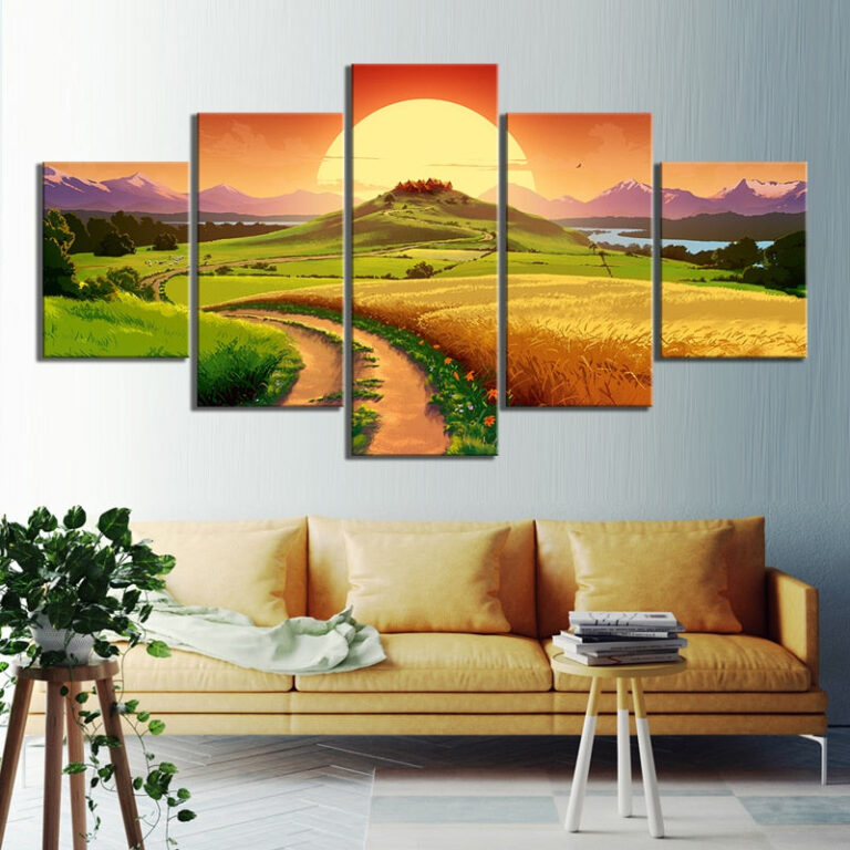 Diamond Painting Zonsondergang Landschap 5 Luiken voorbeeldafbeelding van het volledige ontwerp