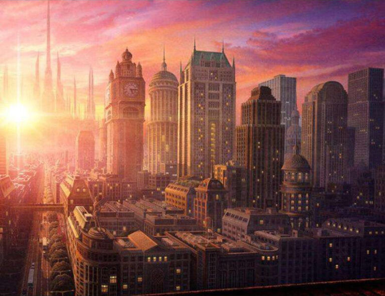 Diamond Painting Zonsopgang In De Stad voorbeeldafbeelding van het volledige ontwerp