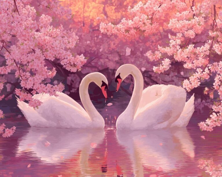 Diamond Painting Zwanen in roze voorbeeldafbeelding van het volledige ontwerp