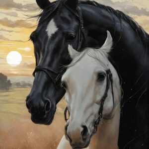 Diamond Painting Zwart En Bruin Paard voorbeeldafbeelding van het volledige ontwerp
