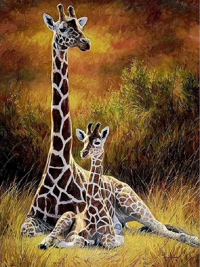 Diamond Painting Giraf Moeder en Kind voorbeeldafbeelding van het volledige ontwerp
