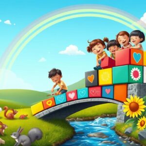 Diamond Painting Kinderen bouwen een brug voorbeeldafbeelding van het volledige ontwerp