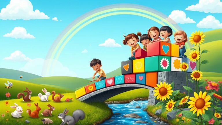 Diamond Painting Kinderen bouwen een brug voorbeeldafbeelding van het volledige ontwerp